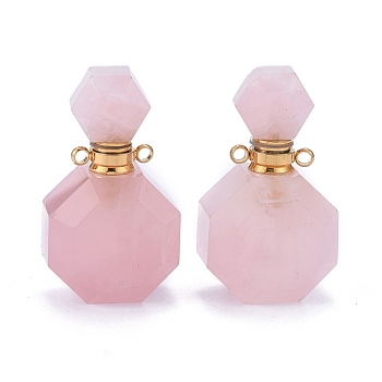 Faceted Natural Rose Quartz Openable Perfume Bottle Pendants, with 304 Stainless Steel Findings, Golden, 34~36x20~22x12~13mm, Hole: 1.8mm, Bottle Capacity: 1ml(0.034 fl. oz)