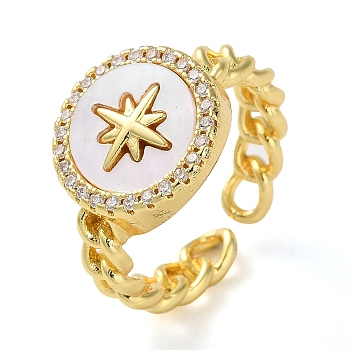 Rack Plating Brass Micro Pave Cubic Zirconia Open Cuff Rings, with Shell, Star, Real 18K Gold Plated, Adjustable