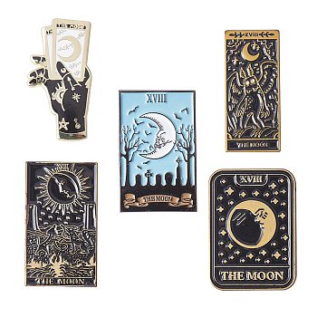 5Pcs 5 Style The Moon Tarot Card Enamel Pin, Gunmetal Brass Brooch for Backpack Clothes, Mixed Color, 30~35.5x14~22x2mm, pin: 1.2~1.3mm, 1Pc/style