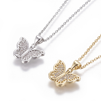 304 Stainless Steel Pendant Necklaces, with Brass Cubic Zirconia Pendants, Butterfly, Mixed Color, 17.32 inch~17.71 inch(44~45cm), Pendant: 13x16x3mm