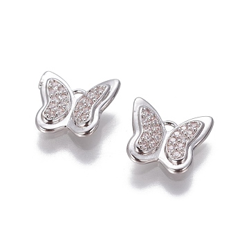 Brass Cubic Zirconia Charms, Butterfly, Clear, Platinum, 11x12x2.5mm, Hole: 1mm