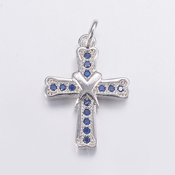 Brass Micro Pave Cubic Zirconia Pendants, Long-Lasting Plated, Real Platinum Plated, Cross, Dark Blue, 19x14x2mm, Hole: 2.5mm
