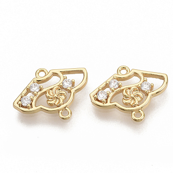 Brass Micro Pave Clear Cubic Zirconia Links connectors, Nickel Free, Real 18K Gold Plated, Fan, 10.5x14x2mm, Hole: 0.9mm