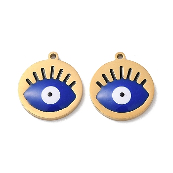 Ion Plating(IP) 304 Stainless Steel Pendants, with Enamel, Flat Round with Evil Eye Pattern, Golden, 17x15x1.5mm, Hole: 1.2mm