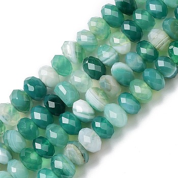 Natural Banded Agate/Striped Agate Beads Strands, Dyed & Heated, Faceted Rondelle, Medium Aquamarine, 6x4mm, Hole: 1mm, about 93pcs/strand, 15.39~15.43''(39.1~39.2cm)
