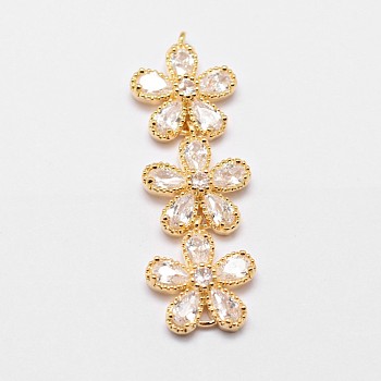 Brass Micro Pave Cubic Zirconia Links, Clear, Flower, Golden, 42x14x5mm, Hole: 1.5mm