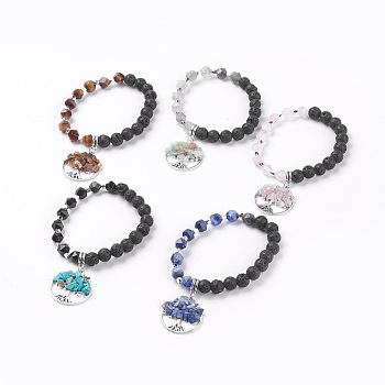 Natural Mixed Stone & Lava Rock Stretch Bracelets, with Alloy & Natural Mixed Stone Chip Pendants, Flat Round with Tree, 2-1/4 inch(5.6cm)