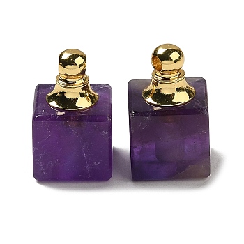 Natural Amethyst Perfume Bottle Pendants, Square Charms with Golden Plated 304 Stainless Steel Findings, 19x12x12mm, Hole: 2mm