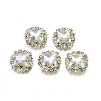 Sew on Rhinestone, Transparent Glass Rhinestone, with Brass Prong Settings, Faceted, Square, Clear, 13x13x6mm, Hole: 0.9mm