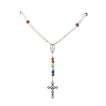 Round Gemstone Beaded Necklaces, Cross Alloy Pendant Necklaces for Women, 25.59 inch(650mm)