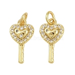 Brass Micro Pave Clear Cubic Zirconia Pendants, Heart Key Charms, Golden, 13.5x7x2.5mm, Hole: 2.5mm(KK-D218-22G-01)