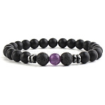 Round Natural Amethyst Beaded Stretch Bracelets for Women Men, with Frosted Black Onxy Beads(XP2963-6)