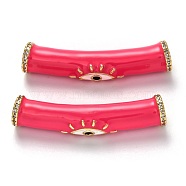 Brass Micro Pave Clear Cubic Zirconia Tube Beads, Long-Lasting Plated, with Enamel, Tube with Evil Eye, Real 18K Gold Plated, Deep Pink, 38x8x7.5mm, Hole: 4mm(KK-B028-21G-D)