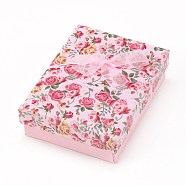 Flower Pattern Cardboard Jewelry Packaging Box, 2 Slot, For Ring Earrings, with Ribbon Bowknot and Black Sponge, Rectangle, Pink, 9x7x3cm(CBOX-L007-007C)