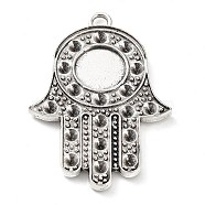 Alloy Pendant Cabochon Settings, Hamsa Hand, Antique Silver, Tray: 10mm, Fit for 2mm Rhinestone, 41x29x2mm, Hole: 2.8mm, about 222pcs/1000g(PALLOY-D027-23AS)