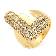 Brass Micro Pave Clear Cubic Zirconia Letter Open Cuff Ring for Women, Real 18K Gold Plated, Letter L, 23x16mm, Inner Diameter: 21mm(RJEW-M173-01G-L)