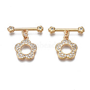 Brass Micro Pave Clear Cubic Zirconia Toggle Clasps, Nickel Free, Flower, Real 18K Gold Plated, Flower: 14x12x2mm, Bar: 20x5x2.5mm, Jump Ring: 5x1mm, 3mm inner diameter(KK-Q278-013-NF)