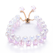 Sparkling Faceted Teardrop Glass Beads Slider Bracelets for Teen Girl Women, Golden, Pearl Pink, Inner Diameter: 1-3/4~2-3/4 inch(4.5~7cm)(BJEW-T016-07A)