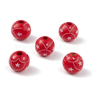 Printed Natural Wood European Beads, Large Hole Bead, Round with Christmas Star Pattern, Red, 16mm, Hole: 4mm(WOOD-C015-07A)