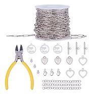 DIY Bracelets &  Necklaces Making Kits, includ Brass Paperclip Chains & Toggle Clasps & Lobster Claw Clasps, Brass Cubic Zirconia & CCB Plastic Charms, 201 Stainless Steel Flat Round Pendants, Platinum, 11x4.3x0.7mm, 5m/set(DIY-SZ0001-21B)