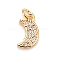 Brass Micro Pave Cubic Zirconia Charms, Real 18K Gold Plated, Lead Free & Cadmium Free, Moon, Clear, 13x7x2mm, Hole: 2mm(KK-A161-21G)