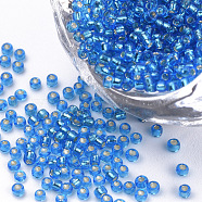 Silver Lined Glass Seed Beads, Round, Dodger Blue, 1.5~2x1mm, Hole: 0.6mm, about 120000pcs/bag, about 450g/bag(SEED-Q025-1.5mm-C04)