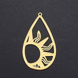 201 Stainless Steel Pendants, Laser Cut, Teardrop with Sun, Golden, 45x25.5x1mm, Hole: 1.4mm(STAS-S105-LA215)