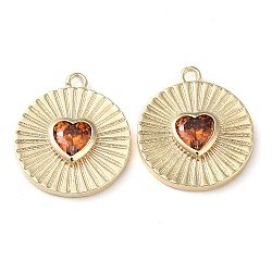 Real 18K Gold Plated Brass Pendants, with Glass, Flat Round with Heart Charms, Orange, 17x15x3mm, Hole: 1.4mm(KK-F862-02G-02)