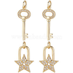 12Pcs 2 Style Brass Micro Pave Clear Cubic Zirconia Beads Pendant, Long-Lasting Plated, Star & Lock and Key, Real 18K Gold Plated, 18.5~23.5x9~13x2mm, Hole: 2.7mm, 6pcs/style(KK-BBC0002-96)