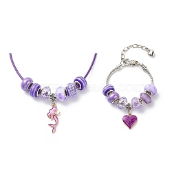 DIY European Bracelet Necklace Making Kit for Kid, Including Brass Chain Bracelet & Wax Rope Necklace Making, Large Hole Style Alloy Pendant & Resin Beads, Medium Purple, Pendant: 29~39mm, Hole: 5mm, 16Pcs/set(DIY-G085-01H)