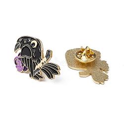 Creative Zinc Alloy Brooches, Enamel Lapel Pin, with Iron Butterfly Clutches or Rubber Clutches, Bird with Rose, Golden, Black, 30x20mm, Pin: 1mm(JEWB-R015-048)