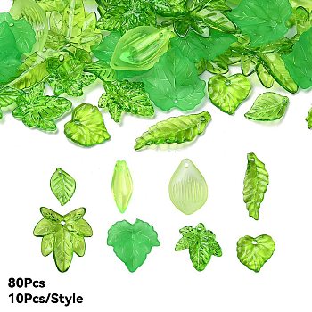 80pcs 8 Styles Transparent Acrylic Pendants, Lime Green, 16~29.5x15.5~24x3~6mm, Hole: 1~2mm, 10pcs/style