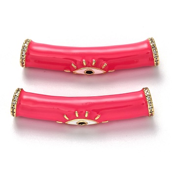Brass Micro Pave Clear Cubic Zirconia Tube Beads, Long-Lasting Plated, with Enamel, Tube with Evil Eye, Real 18K Gold Plated, Deep Pink, 38x8x7.5mm, Hole: 4mm