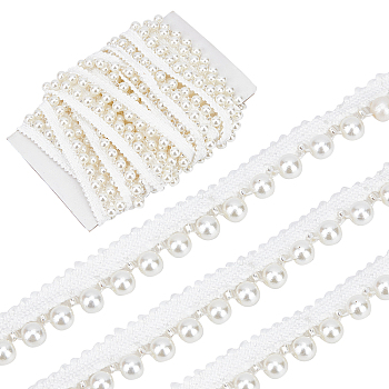Polyester Lace Trim, with Acrylic Imitation Pearl Beads, White, 1/2 inch(13mm), Beads: 6mm, 4.5~5 yards/bag