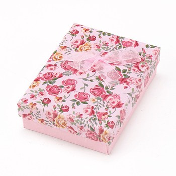 Flower Pattern Cardboard Jewelry Packaging Box, 2 Slot, For Ring Earrings, with Ribbon Bowknot and Black Sponge, Rectangle, Pink, 9x7x3cm