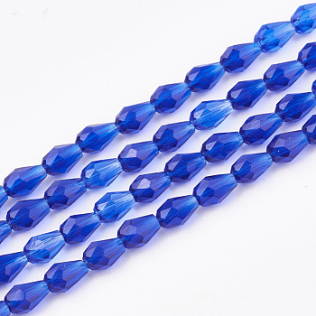 Transparent Glass Beads Strands, Faceted, teardrop, Blue, 4.5~5x3~3.5mm, Hole: 0.5mm, 100pcs/strand, 18.5 inch