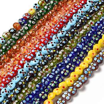 Handmade Lampwork Beads Strands, Flat Round, Mixed Color, 12~14x12.5~13.5x7~8.5mm, Hole: 1.5mm, about 33pcs/strand, 16.46 inch(41.8cm)