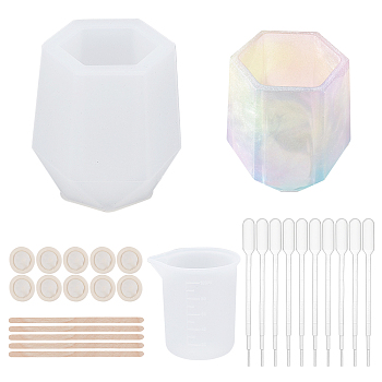 Gorgecraft DIY Pen Vase Molds Kits, Including Silicone Molds, Measuring Cup Plastic Tools, Plastic Transfer Pipettes, Birch Wooden Craft Ice Cream Sticks and Latex Finger Cots, White, 61x69x72mm, Inner Diameter: 38x43mm, 1pc