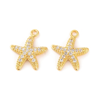 Brass Micro Pave Clear Cubic Zirconia Pendants, Starfish, Real 18K Gold Plated, 14.6~14.7x12.4x2.9mm, Hole: 1.4mm