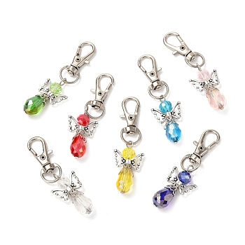 Faceted Teardrop Glass Pendants, with Faceted Glass Beads, Alloy Butterfly Beads & Swivel Lobster Claw Clasps, Iron Pins & Bead Caps, Angel, Mixed Color, 61mm, Pendant: 32x18x9.5mm