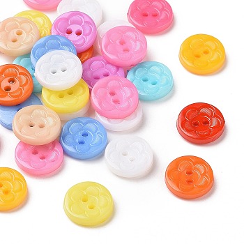 Acrylic Sewing Buttons for Clothes Design, Plastic Buttons, 2-Hole, Dyed, Flat Round with Flower Pattern, Mixed Color, 12.5x3mm, Hole: 1mm