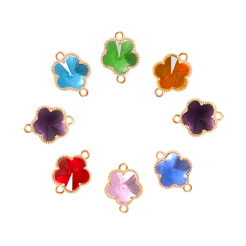 Glass Links connectors, with Eco-Friendly Alloy Open Back Berzel Findings, Flower, Light Gold, Mixed Color, 15.5x12x5mm, Hole: 1.4mm