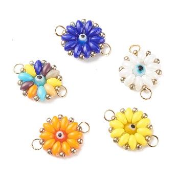 Glass & Lampwork Connector Charms, with Golden Tone 304 Stainless Steel, Flower, Mixed Color, 20x15x4mm, Hole: 3mm