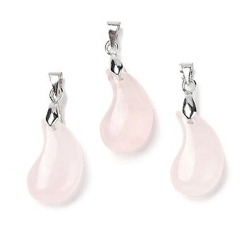 Natural Rose Quartz Pendants, Magatama Shaped Charms with Platinum Tone Brass Snap on Bails, Long-Lasting Plated, Lead Free & Cadmium Free, 21.6x11.3x7.1mm, Hole: 5x4mm