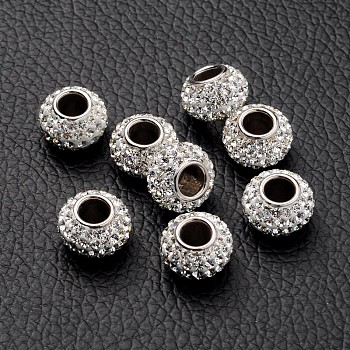 Austrian Crystal European Beads, Large Hole Beads, Single 925 Sterling Silver Core, Rondelle, 001_Crystal, about 11mm in diameter, 7.5mm thick, hole:4.5mm