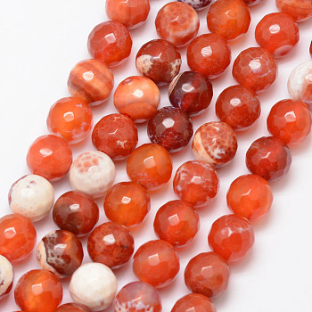 Natural Fire Crackle Agate Bead Strands, Round, Grade A, Faceted, Dyed & Heated, Coral, 10mm, Hole: 1mm, about 37pcs/strand, 15 inch