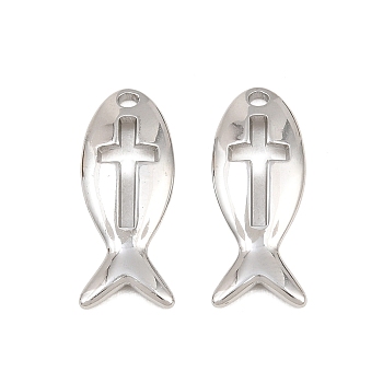 304 Stainless Steel Pendants, Fish with Cross Charms, Stainless Steel Color, 20x8x2mm, Hole: 1.4mm
