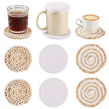 6Pcs 3 Styles Handmade Hot Pads with Corn Straw Woven Placemats, Heat Insulation Pads, for Dining Table Cotton, Mixed Color, 100~115x4.5~12mm, 2pcs/style