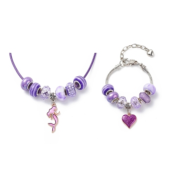 DIY European Bracelet Necklace Making Kit for Kid, Including Brass Chain Bracelet & Wax Rope Necklace Making, Large Hole Style Alloy Pendant & Resin Beads, Medium Purple, Pendant: 29~39mm, Hole: 5mm, 16Pcs/set