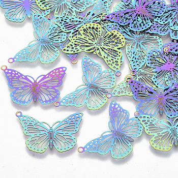 Ion Plating(IP) 304 Stainless Steel Filigree Pendants, Etched Metal Embellishments, Butterfly, Rainbow Color, 18x26x0.3mm, Hole: 1.2mm